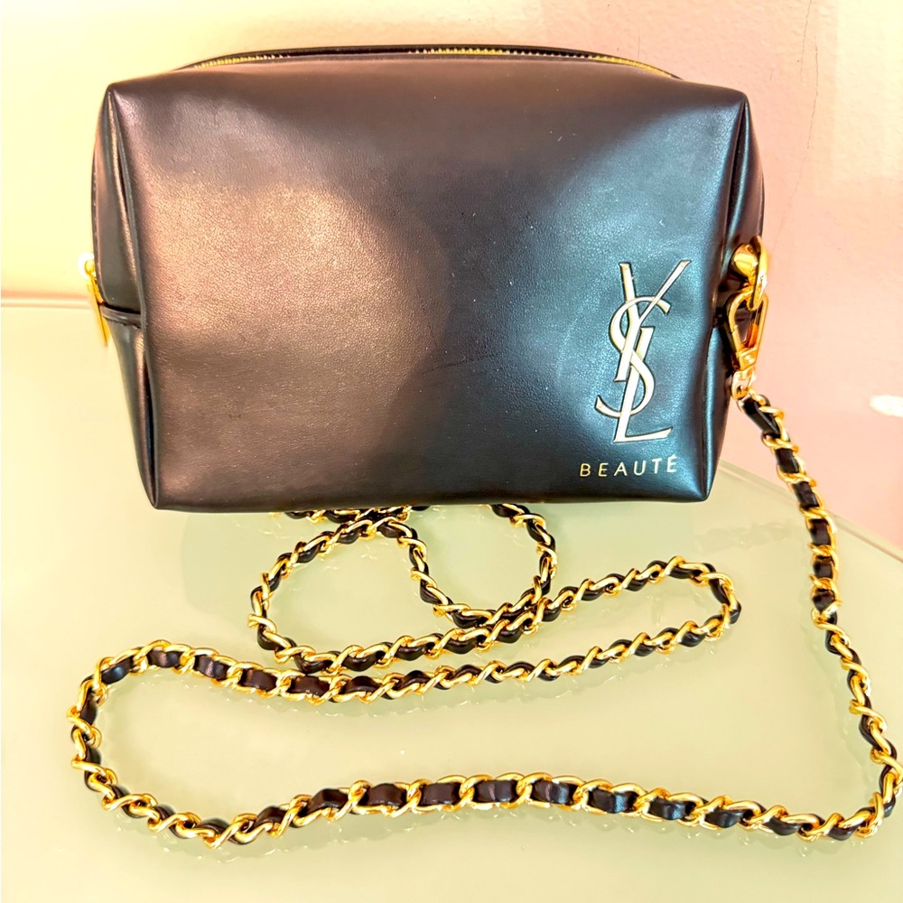 YSL Beaute Yves Saint Laurent Pouch Cosmetic Bag Black Gold LOGO, Crossbody Bag
